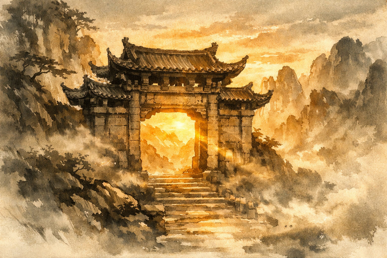 A stone mountain gate glowing at dawn